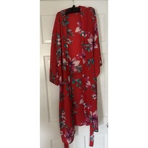 Women's Red Robe Belted Pockets Boho Floral Kimono Size S Flowy Feminine Whimsy